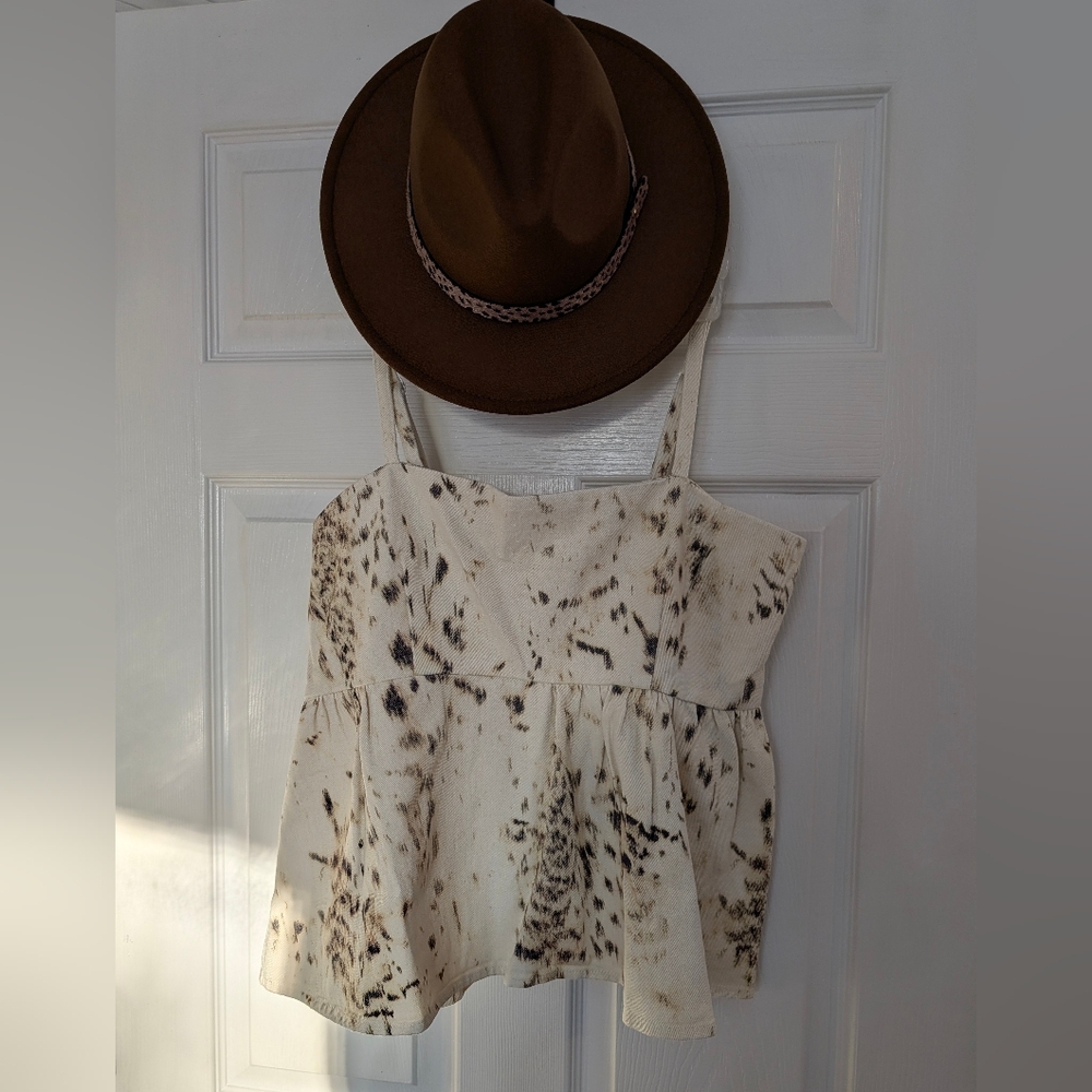 Davi & Dani Spotted Peplum Denim Top in Cream & Brown Super Soft Material New - Picture 6 of 16